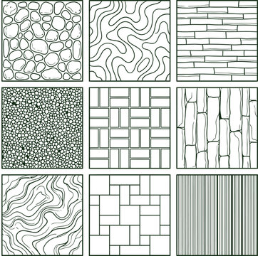 Collection of nine distinct hand drawn line art patterns showing various textures in a grid layout
