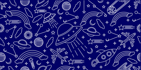 Space themed pattern background. Seamlesa pattern of space themed doodle pattern background. Hand drawn spaces doodle pattern background. Seamless space planet kid doodle universe design. © Predi