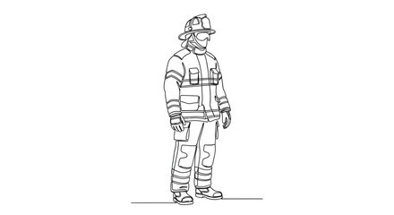 Obraz premium Continuous line art of firefighter in protective gear standing prepared