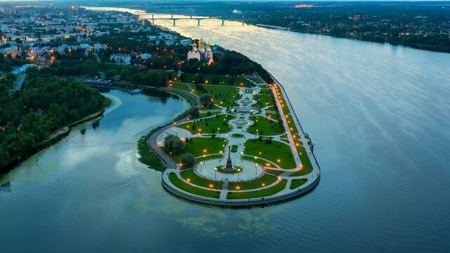 Yaroslavl, Russia. Park arrow. Evening lights, time after sunset, Drone footage Hyperlapse
