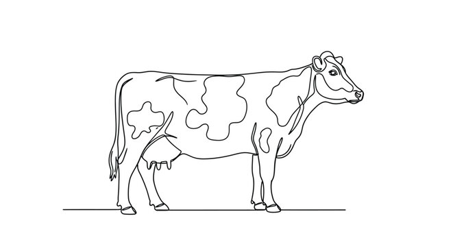 One line drawing of a spotted cow standing profile with livestock, holstein