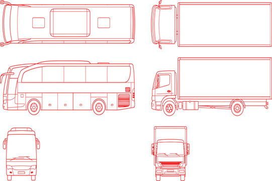 Technical blueprint style line drawings of a tour bus and box truck from multiple perspectives