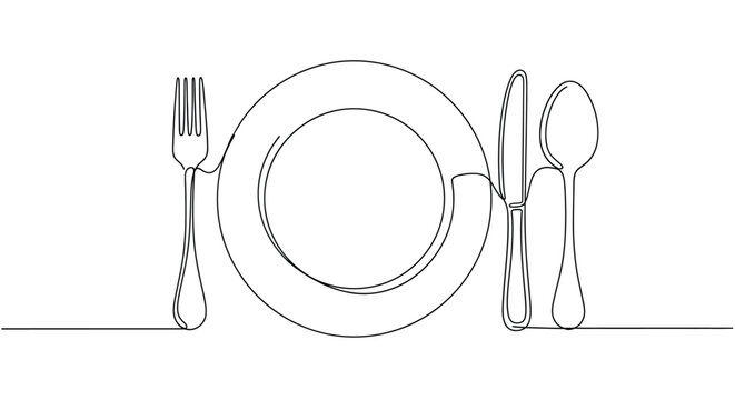 One line drawing of a table setting with plate fork knife and spoon