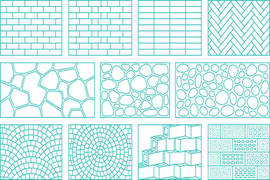 Twelve square panels featuring various structural and tiling patterns including bricks and radial grids