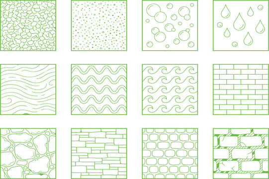 Twelve square panels featuring diverse natural and structural patterns including waves and brickwork
