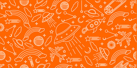 Space themed pattern background. Seamlesa pattern of space themed doodle pattern background. Hand drawn spaces doodle pattern background. Seamless space planet kid doodle universe design. © Predi