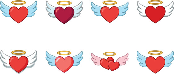 Cute Winged Heart Cartoon Icon Set with Angel Halo, Love Symbols, and Romantic Valentine Illustration Designs for Stickers and Greetings © MdYeasin