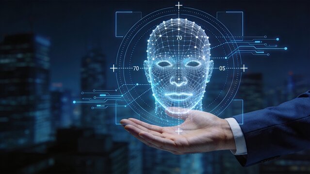 Futuristic facial recognition biometric scanning technology showing wireframe face mesh on hand, representing artificial intelligence surveillance, identity verification and