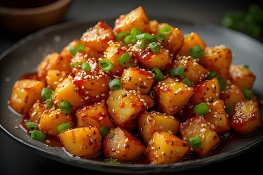 crispy chilli garlic potatoes on a plate