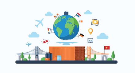 Naklejka premium Global logistics and shipping illustration featuring a world globe, cargo containers, bridges, planes, and international flags.