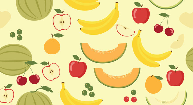 Playful seamless pattern featuring various fruits like apples, bananas, melons, and cherries on a soft yellow background for food-themed designs.