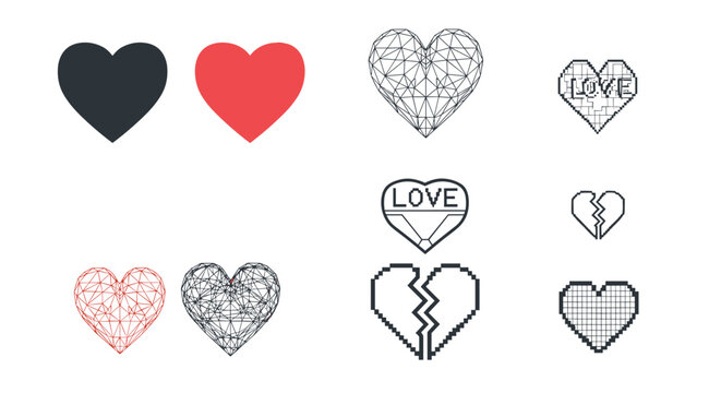 Diverse collection of heart icons including solid, wireframe, pixelated, and broken styles for valentines day and romantic themes.