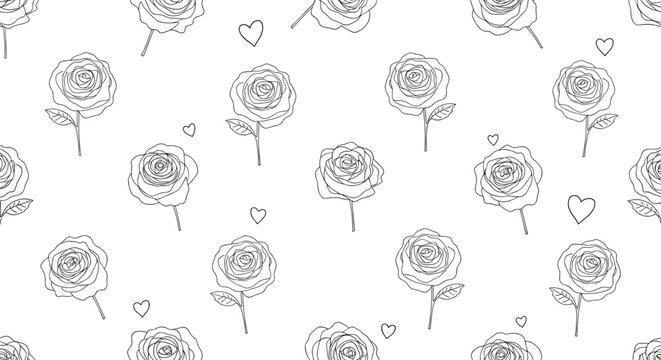 Elegant black and white seamless pattern featuring hand-drawn rose flowers and small hearts for romantic and floral background designs.