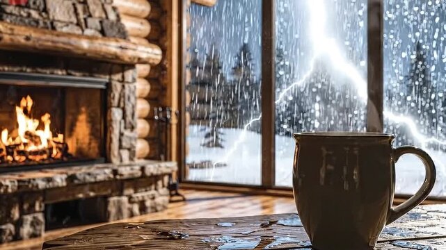 Cozy Cabin Fireplace with Rain on Window Static Shot