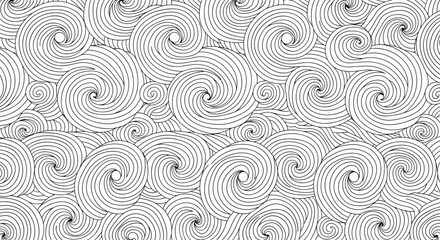 Obraz premium Intricate black and white line art pattern of stylized swirling clouds or ocean waves creates a textured and artistic abstract background.