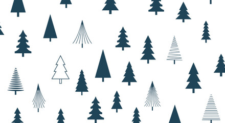Obraz premium Minimalist seamless pattern of different stylized evergreen and pine tree silhouettes in a dark blue color on a plain white background.