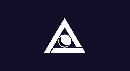 Fototapeta premium Geometric logo design featuring white triangle with inner sphere or circle on dark blue background for modern corporate identity.