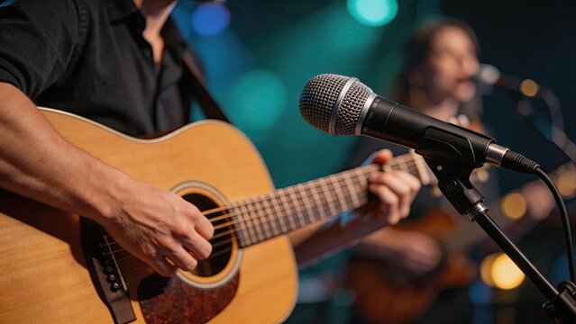 Musician playing acoustic guitar near microphone on stage, live concert performance, musical instrument close up, entertainment industry, singer in background, band rehearsal or