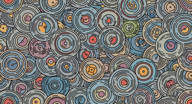 Densely packed collage of abstract colorful vinyl records and circular discs creating a retro music background.