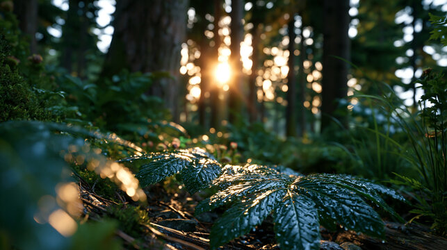 Cinematic green forest after rain with sunbeams breaking through tall trees and wet leaves creating a deep natural atmosphere