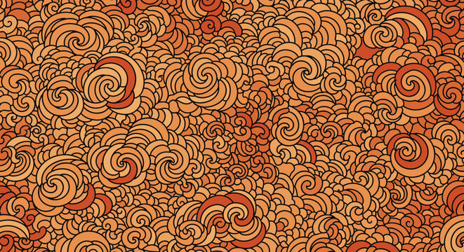 Detailed seamless pattern of swirling cloud like shapes in warm tones of orange, brown, and tan for artistic background textures.