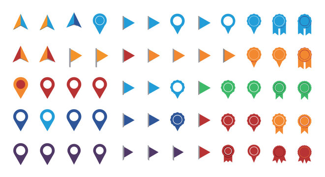 Comprehensive set of UI design elements including location pins, map markers, flags, and ribbon badges in multiple vibrant colors.