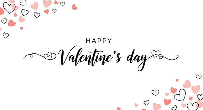 Elegant Happy Valentine's Day script lettering surrounded by a scattering of pink and black hand drawn heart sketches on white.