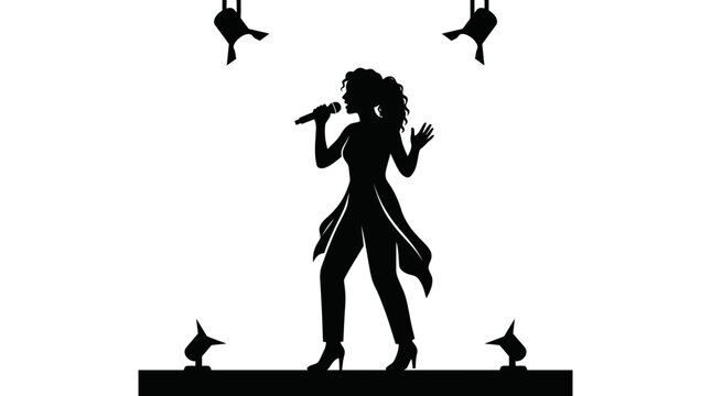 Silhouette of a female singer performing on stage under spotlights