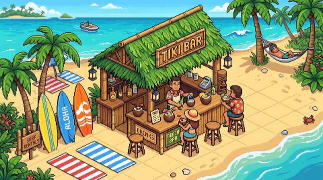 Vibrant pixel art illustration featuring a tropical tiki bar on a sunny beach with patrons enjoying refreshing coconut drinks while a bartender serves them in this colorful retro vacation scene.