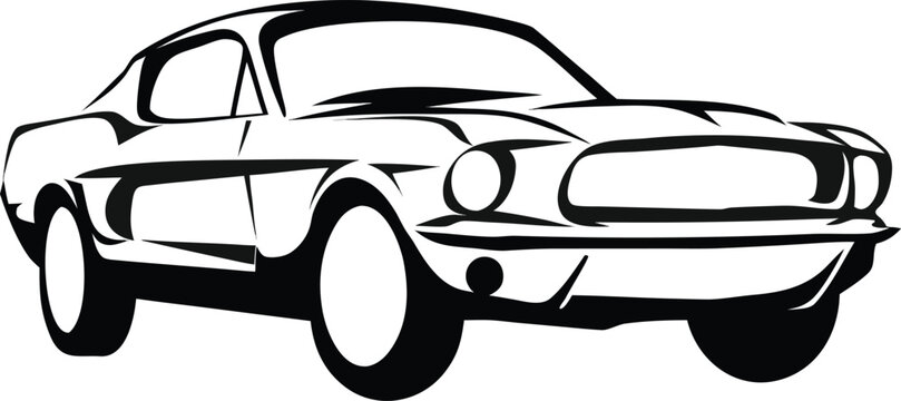 Vintage car, classic Mustang, black and white illustration, vector graphic