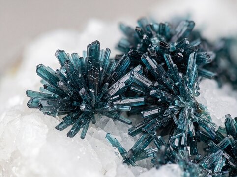 Macro view of blue vivianite crystal sprays radiating from a textured white quartz matrix surface.