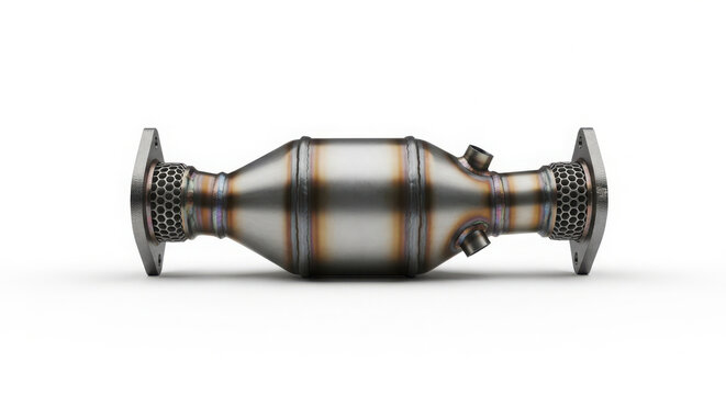 A high quality professional studio photograph of a metallic automotive catalytic converter designed for modern vehicle exhaust system emission control