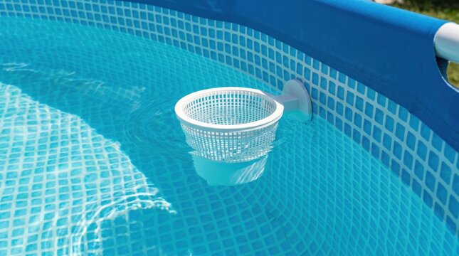 Skimmer basket attached to the side of an above ground swimming pool