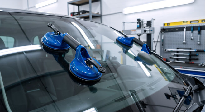 Blue suction cups attached to a car windshield in an auto repair shop. Auto glass replacement and installation concept