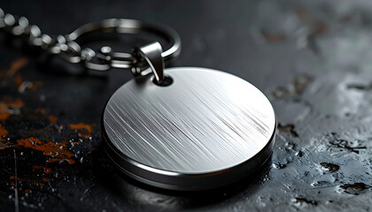 Obraz premium Blank silver metal round keychain tag with scratches and textured background, suitable for personalization or engraving