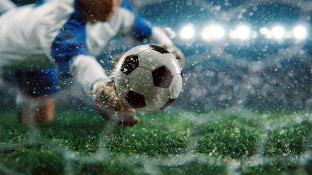 Goalkeeper making a soccer save in rain during night match