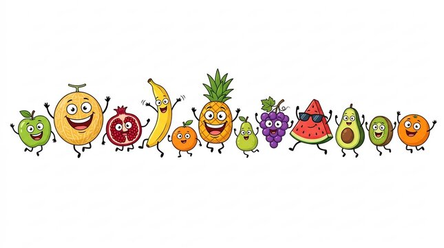 Fruit characters dancing and smiling in a cheerful row