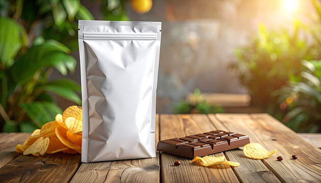 Blank silver pouch with potato chips and chocolate bar on a wooden table, natural lighting, snack food packaging mockup
