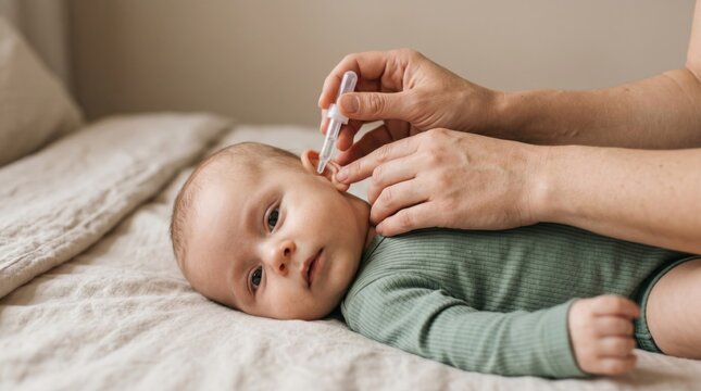 Parent administering ear drops to a baby with a dropper, closeup shot of care and health treatment for an infant lying on a bed