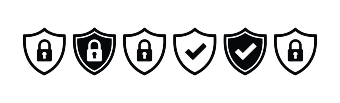 Security Shield Icon Set vector illustration featuring shields with check mark and padlock symbols, cybersecurity protection logotypes, modern security badge design elements.