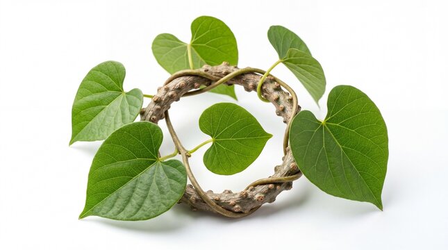 A circular stem of Tinospora cordifolia plant with vibrant green heart shaped leaves on white back.