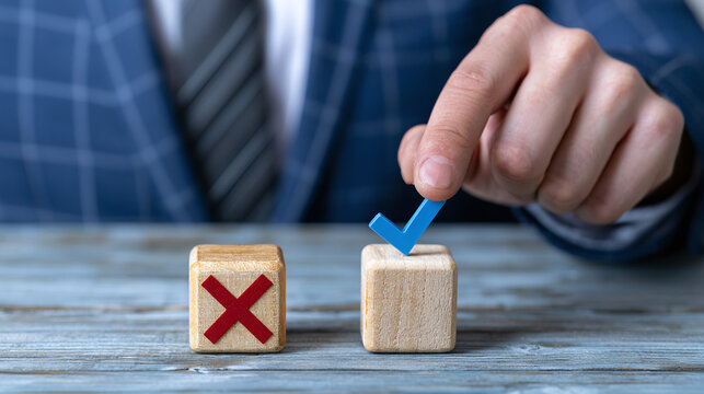 Businessman selecting a blue checkmark on a wooden cube, choosing between approval and rejection for a business project proposal.