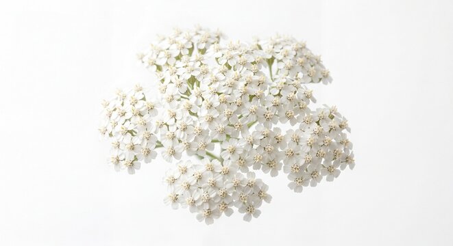 A cluster of delicate white yarrow blossoms arranged in a soft floral formation against white space.