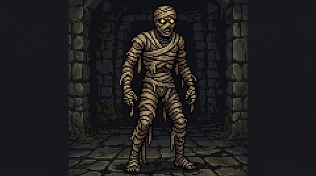 Ancient walking mummy with glowing yellow eyes stands in a dark stone dungeon captured in this detailed pixel art photograph showcasing a classic horror monster from a retro fantasy video game