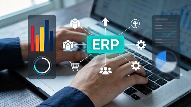 Enterprise Resource Planning ERP software system integration, business process management, data analytics dashboard, cloud computing workflow automation concept.