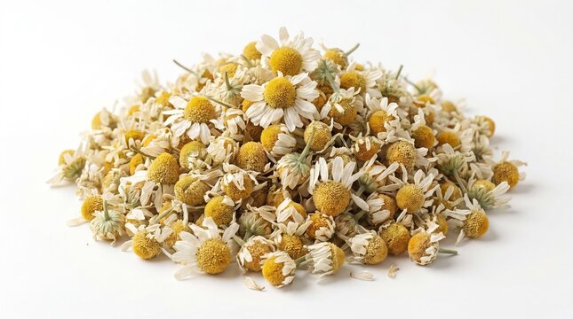A large pile of dried chamomile flowers with white petals and yellow centers on a white background.