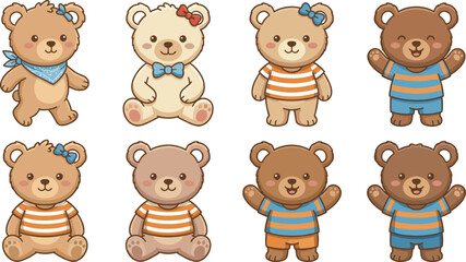 Naklejka premium Cute Teddy Bear Character Vector Collection Featuring Striped Shirts Bandanas and Bow Accessories for Kids Fashion and Nursery Graphic Designs