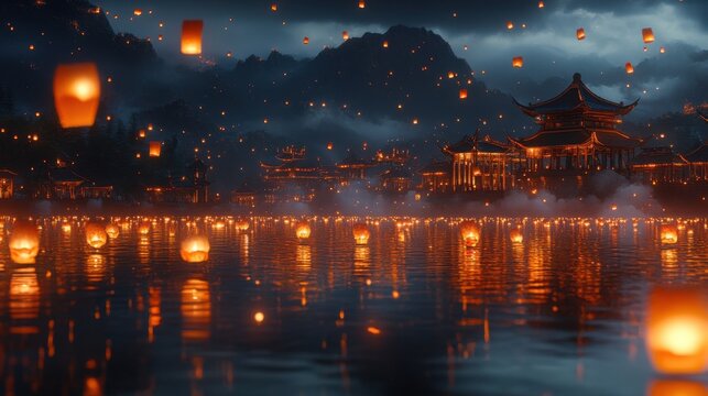Floating Lanterns over a Calm Lake in Asia