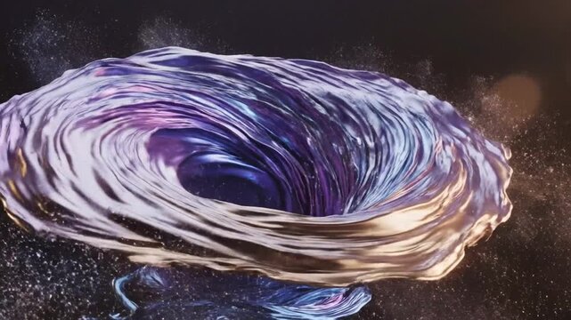 Abstract flowing iridescent liquid with golden shell on black background