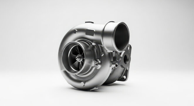 Metallic automotive turbocharger unit showing complex internal turbine blades and intake housing designed for high performance vehicle engine air induction